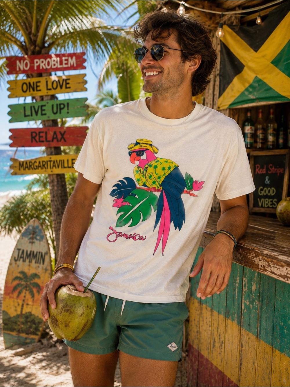 Vintage Sun Island Jamaica Neon Parrot Graphic T Shirt Souvenir Single Stitch L